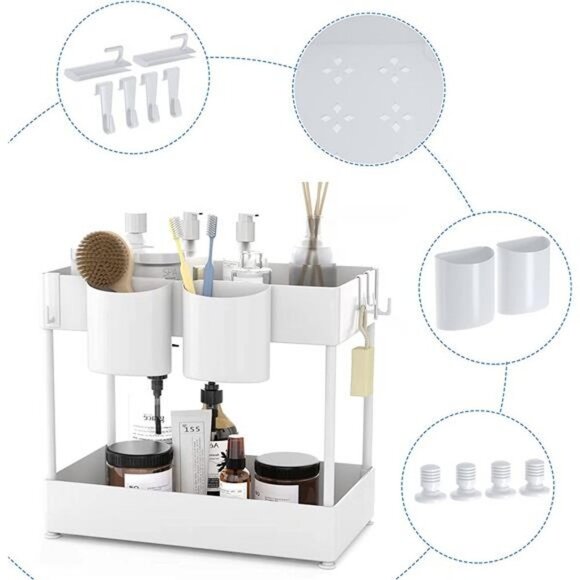 2 Tier Under Kitchen Bathroom Cabinet Storage Rack with 6 Hooks and 2 Baskets - Picture 2 of 6